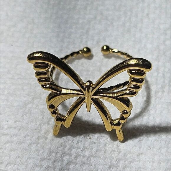 14K Yellow Gold One Size Fits All Butterfly Ring Stainless Steel - Picture 4 of 11